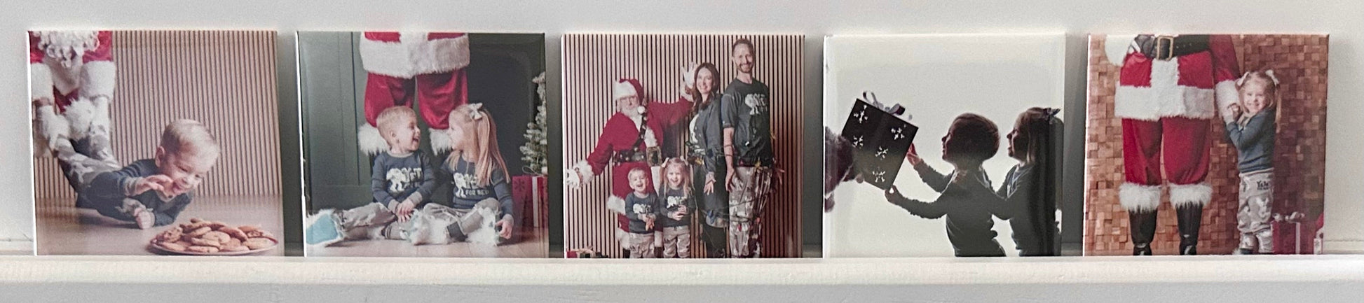 Peachy 5 - Five custom photo magnets on a Christmas shelf